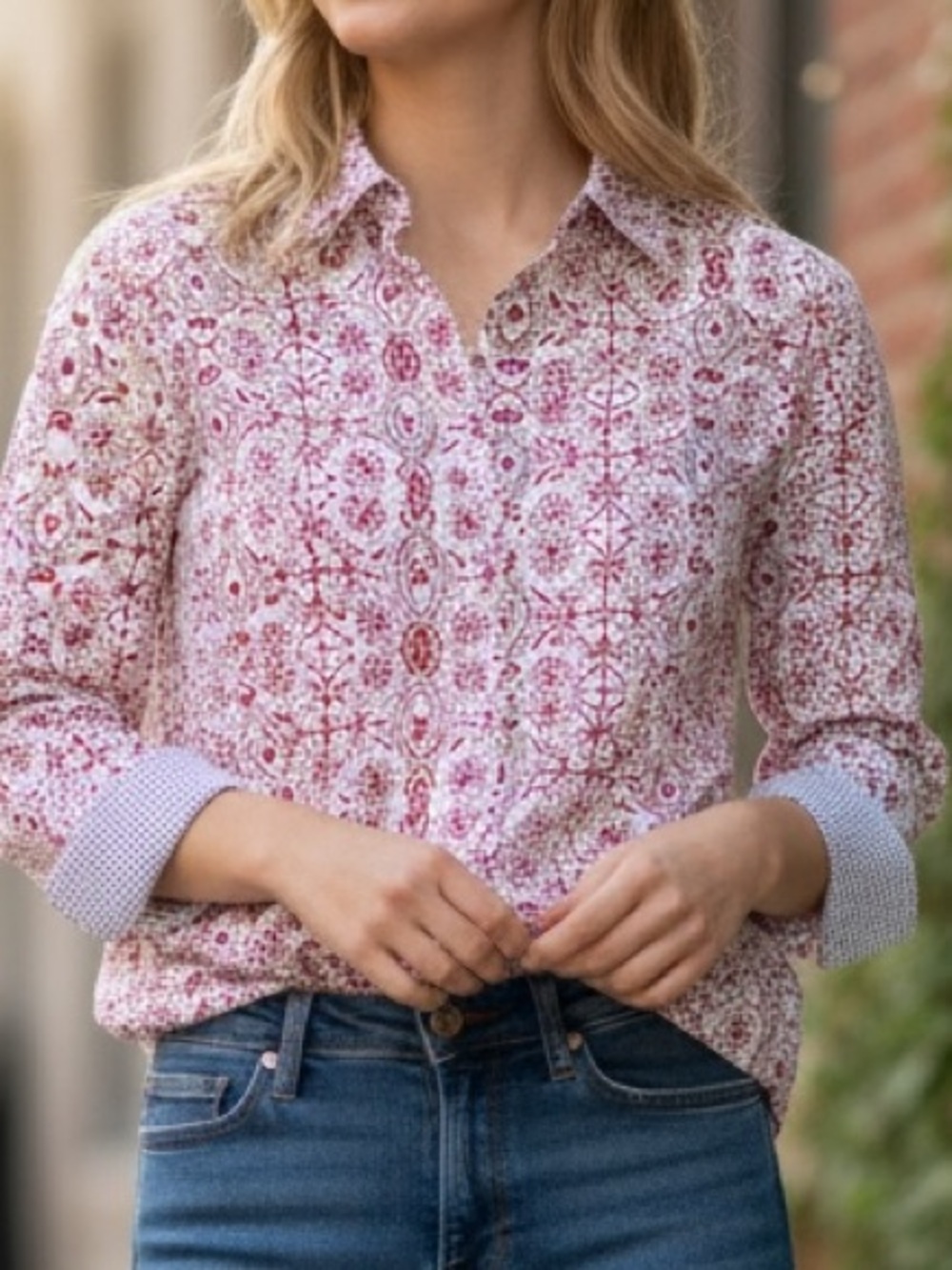 Foxcroft Pink and White Button-Down Shirt Size 2xl